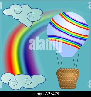 Luminose, cartoon, elevato volume di palloncino con una cesta in cielo tra nuvole bianche e un arcobaleno. Volare, felicità, libertà Illustrazione Vettoriale