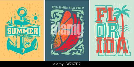 Spiaggia della Florida estate abbigliamento designs set. Angosciate dei modelli di stampa per tee shirt. Illustrazione Vettoriale. Illustrazione Vettoriale