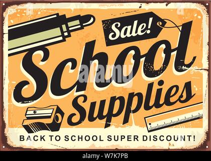 Si torna a scuola retrò segno di stagno il layout di progettazione. Poster Vintage per forniture scolastiche di sconto. Settembre stagionale vendita flyer vettore illustrazione. Illustrazione Vettoriale