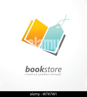 Book store creative logo design idea con libro aperto e il cartellino del prezzo. Educazione e scienza simbolo vettore illustrazione. Illustrazione Vettoriale