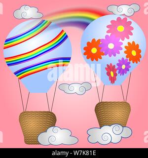 Due luminose, cartoon, grandi palloncini volumetrica con un cestello nel cielo tra nuvole bianche e un arcobaleno. Volare, felicità, libertà Illustrazione Vettoriale