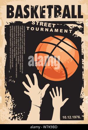 Street basketball poster grunge il layout di progettazione. Street palla di gioco retrò modello flyer. Torneo di pallacanestro del banner del vettore. Illustrazione Vettoriale
