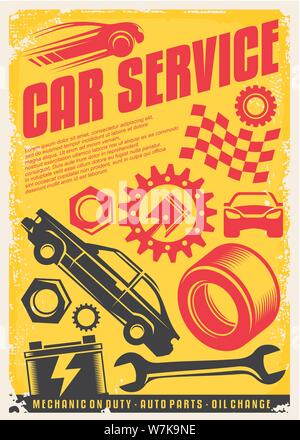 Servizio auto poster vintage design. Trasporto retrò Idea annuncio. Ricambi auto, ingranaggi, veicoli grafica. Illustrazione Vettoriale