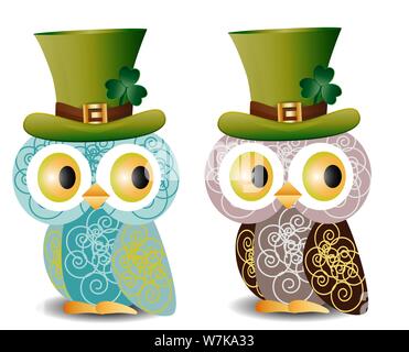 Bella, gufi raffinato con un pattern in un cappello verde con un shamrock per il giorno di San Patrizio Illustrazione Vettoriale
