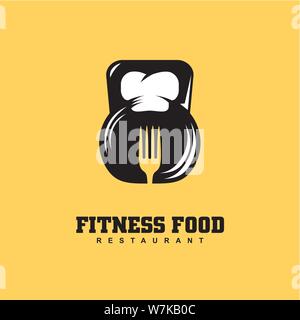 Fitness ristorante alimentari logo design concept con bollitore bell e chef hat e conformazione a forcella in spazio negativo. Cibo sano e simbolo di design. Illustrazione Vettoriale