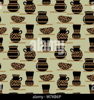 Vettore di seamless pattern con ceramica in bianco e nero e i colori dorati Illustrazione Vettoriale