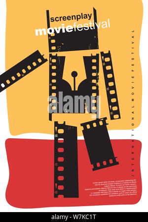 Sceneggiatura film festival abstract poster design. Artistico concetto flyer per evento cinematografico con la figura fatta da strisce di pellicola. Cinema illustrazione vettoriale. Illustrazione Vettoriale