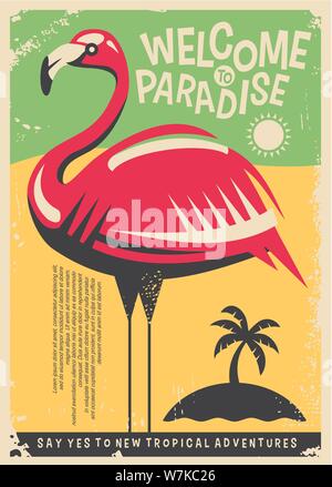 Fenicottero rosa Retrò design poster per il Tropicale destinazioni di viaggio. Benvenuti in paradiso luoghi esotici vintage flyer concetto. Immagine vettoriale. Illustrazione Vettoriale
