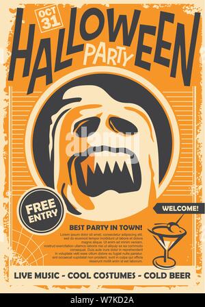 Ghost illustrazione grafica per la notte di Halloween evento. Retrò design poster su sfondo arancione con spooky creatura. Illustrazione Vettoriale