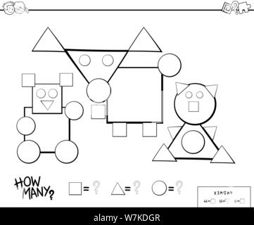 Bianco e Nero Cartoon illustrazione di educativo Forme di conteggio gioco per bambini Libro di colore Illustrazione Vettoriale