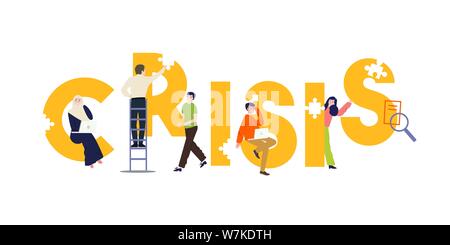 Crisi in azienda, il team cerca di fermare il problema delle patch. Crisi di business e il lavoro di squadra concetto il suo fissaggio. Testo grande illustrazione Illustrazione Vettoriale