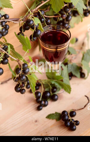 In casa liquore di ribes nero e frutti di bosco freschi su un ramo , annata sullo sfondo di legno. Foto Stock