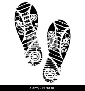 Scarpe nere silhouette di stampa con testo per poster di maratona Illustrazione Vettoriale