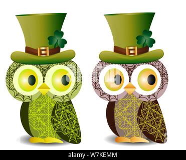 Bella, gufi raffinato con un pattern in un cappello verde con un shamrock per il giorno di San Patrizio Illustrazione Vettoriale