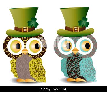 Bella, gufi raffinato con un pattern in un cappello verde con un shamrock per il giorno di San Patrizio Illustrazione Vettoriale
