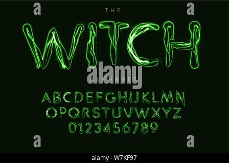 Halloween lettere e numeri impostati. La magia della strega vettore stile alfabeto latino. Ghostbusters font per eventi, promozioni, logo, banner, monogramma e Illustrazione Vettoriale