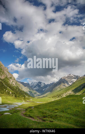 Idilliaco paesaggio estivo con escursioni sentiero di montagna con belle verdi freschi pascoli di montagna e innevate vette di montagna in backgrou Foto Stock