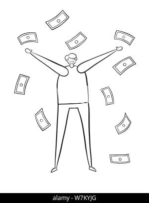 L'uomo ha fatto un sacco di soldi e piove. Contorni neri e bianchi. Illustrazione Vettoriale