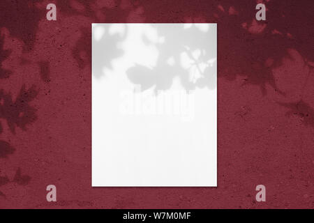 Vuoto bianco rettangolo verticale poster mockup con morbida ombra sul colore rosso scuro parete in calcestruzzo dello sfondo. Piatto, laici vista superiore Foto Stock