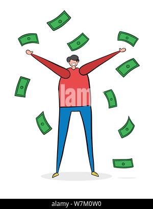L'uomo ha fatto un sacco di soldi e piove. Contorni neri e colorati. Illustrazione Vettoriale