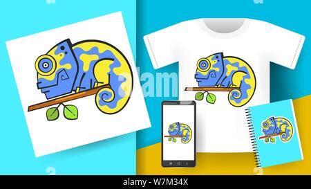 Carino disegnato a mano Cartoon camaleonte. Estate Stampa vettoriale con il Cartoon camaleonte. Gli elementi di design. Illustrazione Vettoriale