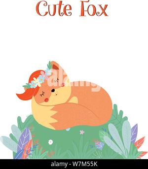 Carino fox sleep sul campo verde isolato disegnata a mano Illustrazione Vettoriale