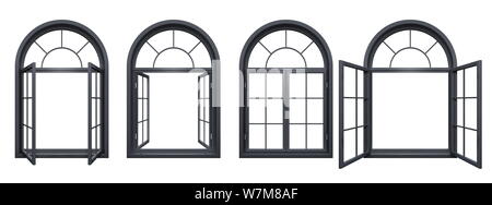 Raccolta di nero finestre ad arco isolato su bianco  Foto Stock