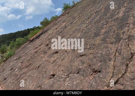 Vista di orme di dinosauri di sauropod dinosaurs dagli inizi del Giurassico in città Maotai, Zunyi city, a sud-ovest della Cina di Guizhou, 21 Au Foto Stock