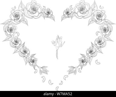 Colorazione per adulti e bambini. Cuore di rose Illustrazione Vettoriale