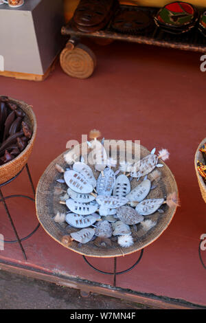 Tradizionale scudo Zulu venduti come souvenir sul display al Villaggio Culturale Lesedi, Culla dell'umanità, Sud Africa Foto Stock