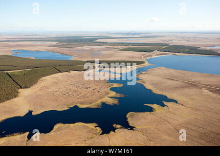 Vista aerea di flussi Forsinard blanket bog, Forsinard, Caithness in Scozia, Regno Unito, maggio. Foto Stock