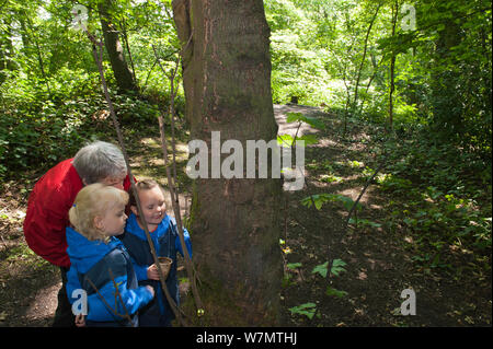 Bambini da Rowley visualizza la scuola materna di esplorare la natura nel bosco a Moorcroft centro ambientale Scuola Forestale, Moorcroft legno, Moxley, Walsall, West Midlands, luglio 2011. Modello rilasciato. Foto Stock