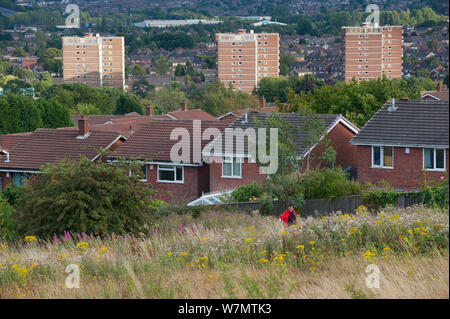 Viste dal Rowley colline attraverso greenspace verso Dudley, Sandwell e Birmingham, West Midlands, Agosto 2011 Foto Stock