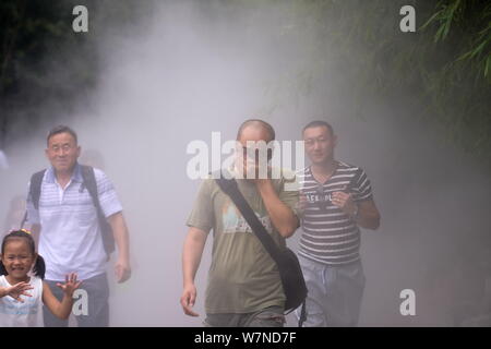 Un turista copre la bocca e il naso con le sue mani come egli errori il vapore acqueo per il denso fumo di un incendio presso lo Zoo di Beijing in Cina, 25 J Foto Stock