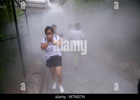 Un turista si copre la bocca e il naso con le sue mani come ella gli errori il vapore acqueo per il denso fumo di un incendio presso lo Zoo di Beijing in Cina, 25 Foto Stock