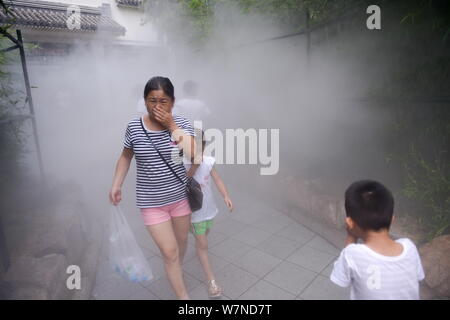 Un turista si copre la bocca e il naso con le sue mani come ella gli errori il vapore acqueo per il denso fumo di un incendio presso lo Zoo di Beijing in Cina, 25 Foto Stock