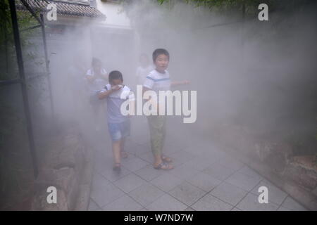 Un turista copre la bocca e il naso con le sue mani come egli errori il vapore acqueo per il denso fumo di un incendio presso lo Zoo di Beijing in Cina, 25 J Foto Stock