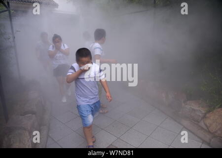 Un turista copre la bocca e il naso con le sue mani come egli errori il vapore acqueo per il denso fumo di un incendio presso lo Zoo di Beijing in Cina, 25 J Foto Stock