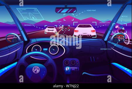 Futuristico veicolo salon, elettrico smart auto. Vista del driver. Controllo del cruscotto in una smart auto. Controllo Virtuale o auto simulazione pilotato. Il traffico su un Illustrazione Vettoriale