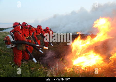 Il cinese i pompieri spengono il fuoco in città Hulunbuir, nel nord della Cina di Mongolia Interna Regione Autonoma, 2 luglio 2017. 200 Vigili del fuoco, inclusi Foto Stock