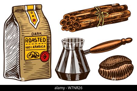 Set di caffè in stile vintage. Iscrizione calligrafico e bastoncini di cannella, il sacchetto e macchina confezionatrice di filtri . Disegnato a mano retrò inciso schizzo per etichetta o Illustrazione Vettoriale