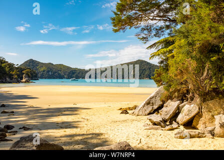 Una vista lungo le numerose baie e spiagge dorate all'incredibilmente bella in grado Tasman National Park, Isola del Sud, Nuova Zelanda Foto Stock