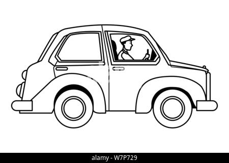 Uomo alla guida di auto veduta laterale del veicolo cartoon in bianco e nero Illustrazione Vettoriale