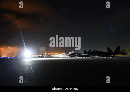 Sicurezza i proiettori si accendono quattro F Raptors seduta sul campo d'aviazione dell'aeroporto Kahalui OGG a Maui, Hawaii, la sera del 1 agosto, 2019. L'Hawaii Air National Guard (HIANG) volò rapaci a Maui per assicurare il velivolo sarebbe in grado di deviare per alternare gli aerodromi entro le Isole Hawaii in caso di qualsiasi stato di emergenza. I rapaci aveva completato il primo giorno di aria consente di deviare la formazione sull'isola, (U.S. Air National Guard foto di Tech. Sgt. Alison Bruce-Maldonado) Foto Stock