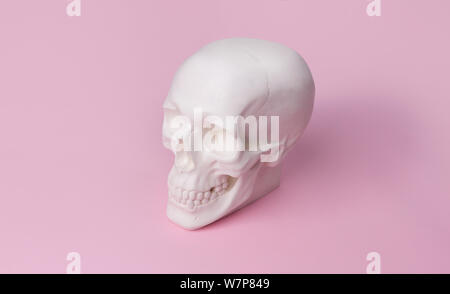 Cranio nel pastello su sfondo rosa. Costume di Halloween party concept Foto Stock