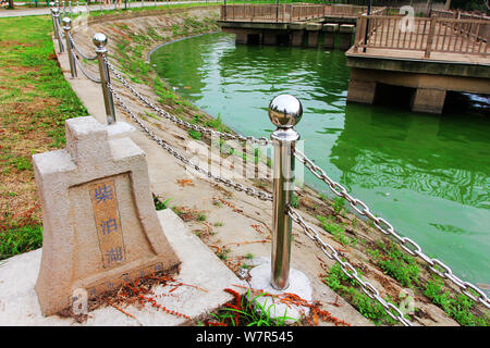 Vista di un focolaio di alghe blu-verdi sul lago Chaibo nella città di Wuhan, Cina centrale della provincia di Hubei, 3 giugno 2017. Un focolaio di blu-verde alg Foto Stock