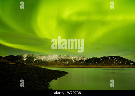 Aurora Boreale visualizzare sul fiordo di notte, West Islanda, Gennaio 2013 Foto Stock