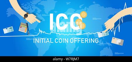 ICO Blockchain tecnologia, iniziale offerta di moneta. Illustrazione Vettoriale di primo rilascio nel commercio del valore di mercato. Illustrazione Vettoriale