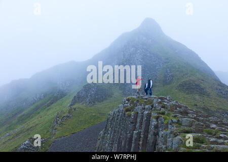 I turisti su Giant's Causeway nella nebbia, Sito Patrimonio Mondiale dell'UNESCO, nella contea di Antrim, Irlanda del Nord Europa, giugno 2011. Foto Stock