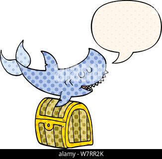 Cartoon shark nuoto oltre lo scrigno con il discorso di bolla in stile fumetto Illustrazione Vettoriale